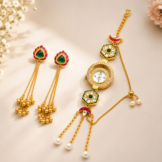 Kashmiri Traditional Watch & Matching Earrings Combo Set for Women | Stylish Ethnic Gift | Fashion Accessories
