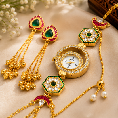 Kashmiri Traditional Watch & Matching Earrings Combo Set for Women | Stylish Ethnic Gift | Fashion Accessories