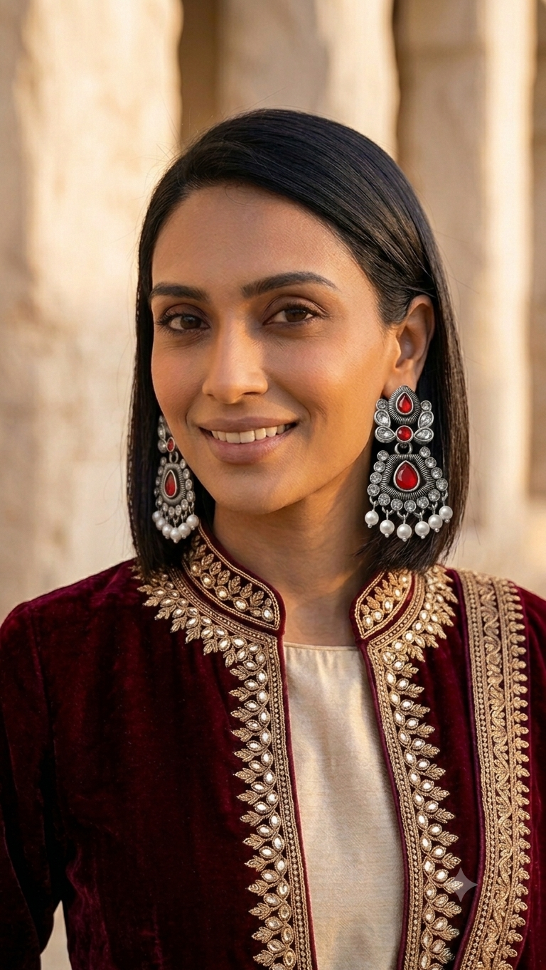 Women Red Stone Oxidised Silver Tone Pearl Drop Statement Earrings