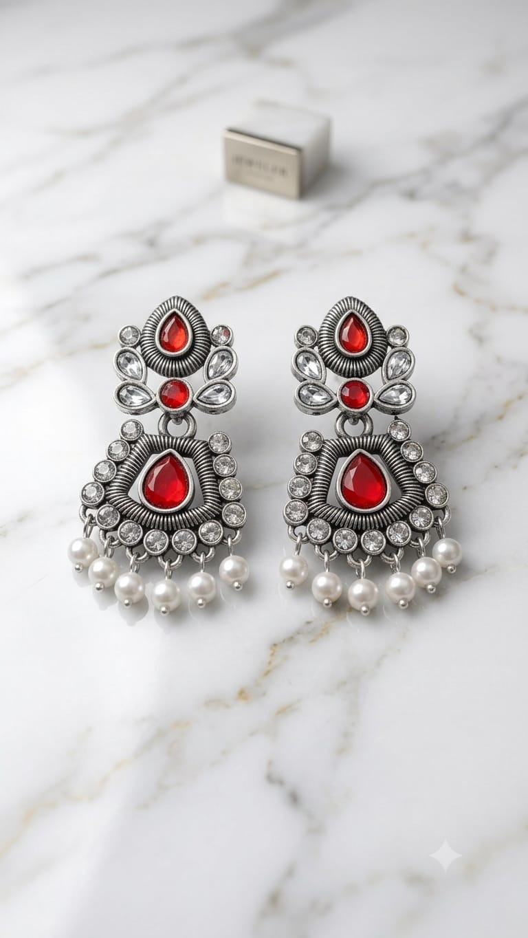 Women Red Stone Oxidised Silver Tone Pearl Drop Statement Earrings