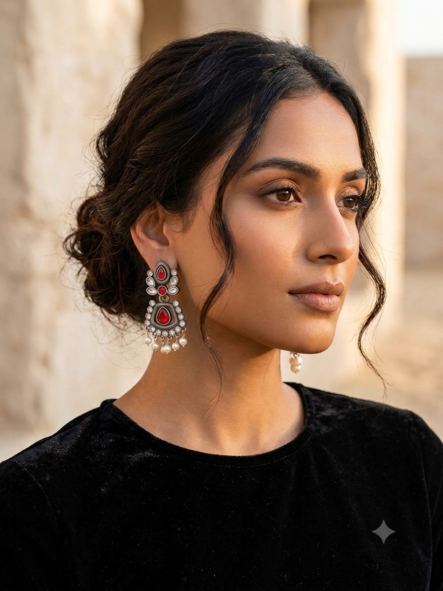Women Red Stone Oxidised Silver Tone Pearl Drop Statement Earrings