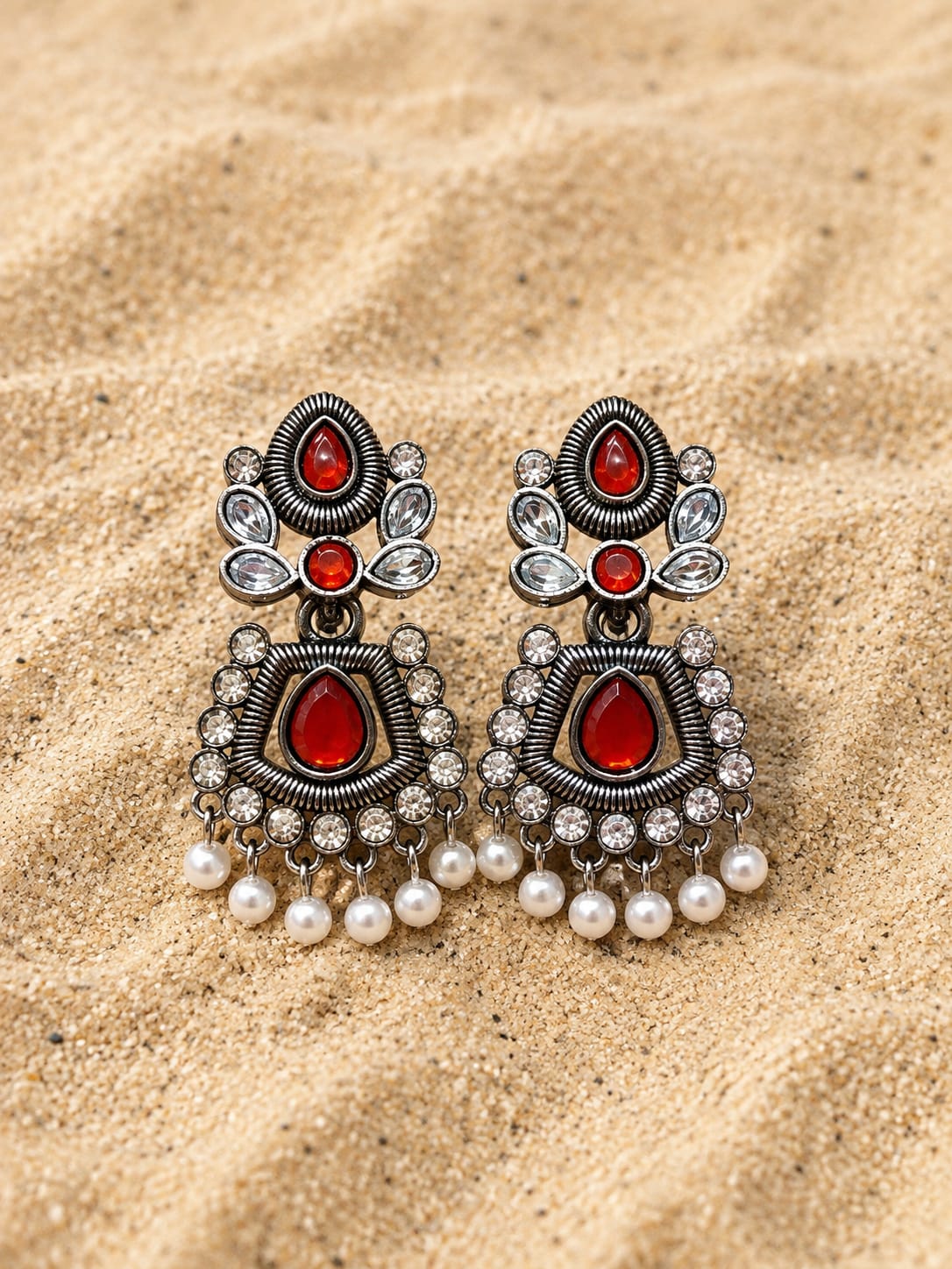 Women Red Stone Oxidised Silver Tone Pearl Drop Statement Earrings