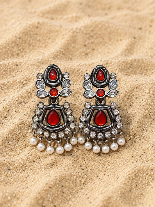 Women Red Stone Oxidised Silver Tone Pearl Drop Statement Earrings